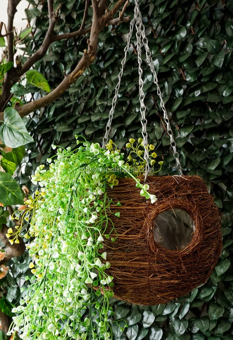 Натуральная подвесная корзина из ротанга ручной работы для украшения сада, подвесные горшки для растений с цепочкой и крючком диаметром 24 см