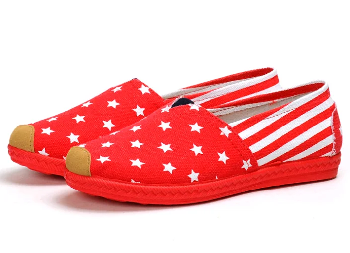 Footwear China factory canvas shoes cute stripe round toe beautiful wholesale ladies flat shoes