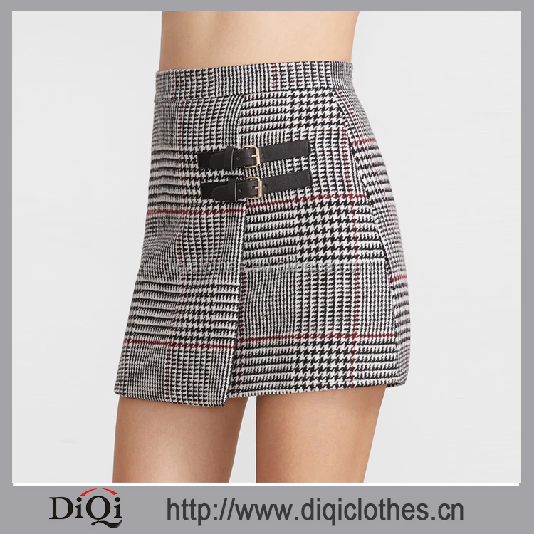 2017 Latest designs factory wholesale price fashion Houndstooth Plaid Buckle Trim lady short Skirt