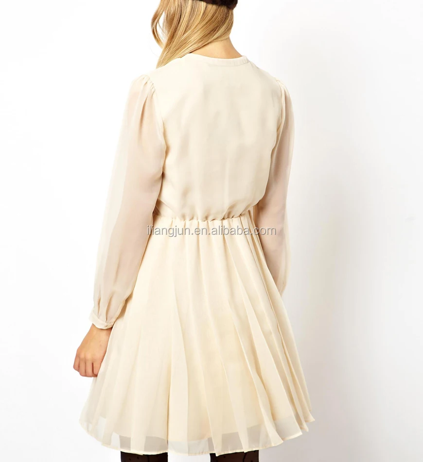 Long sleeve lace bib pussy bow pleated white cute lady dress
