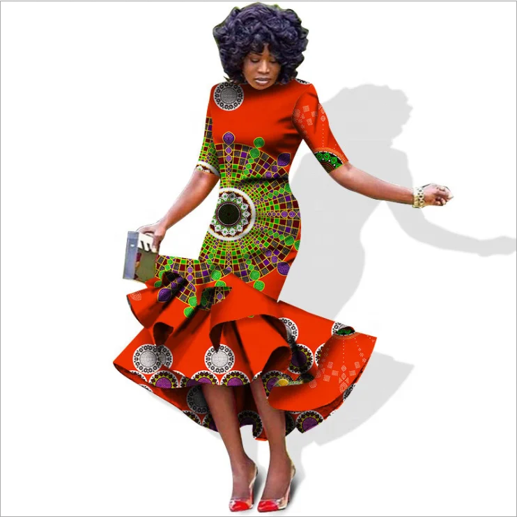 100% cotton full printing wax fabric African slim fit dress in half sleeve