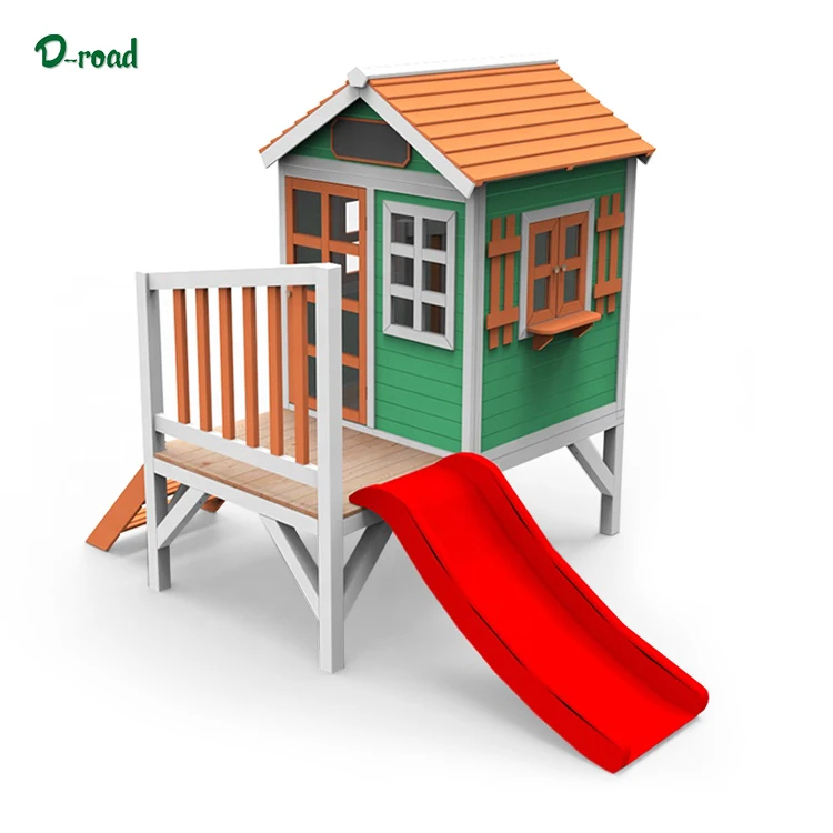 Детский уличный деревянный игровой домик с горкой