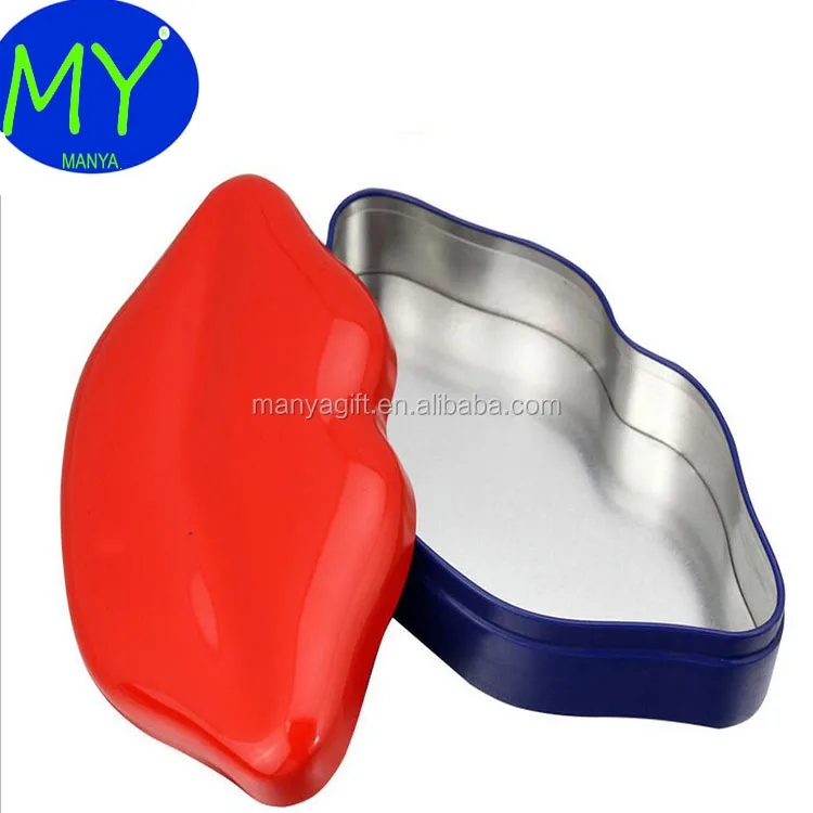 Custom printed lip shape tin box high quality lip shape tin box lip balm tin case make up metal box in alibaba