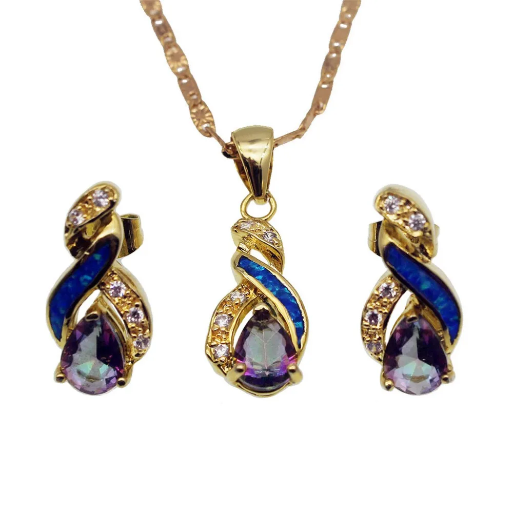 
Hermosa Wholesale Jewelry Sets Australian Ocean Blue White Opal Sapphire Mystic Topaz Pendant Necklace Earrings 