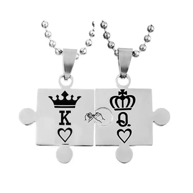 Wholesale Custom Logo Blank Dogtag Puzzle King Queen Necklace Jigsaw Poker Stainless Steel Pendant Lovers Necklace