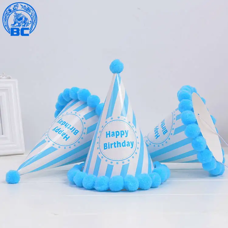 
2018 Wholesale party supplies kids birthday paper cone hat with pom poms 