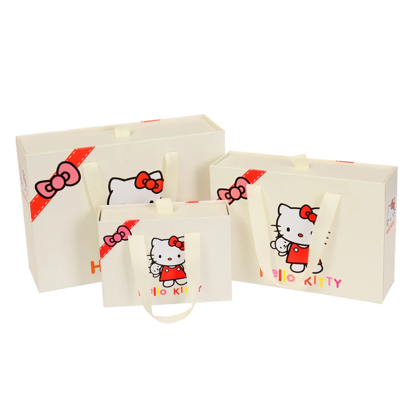 Cute Hello Kitty Handmade Drawer Box for Candy Packing Cloth Packing Portable Gift Box With Ribbon Handles Special Custom Box