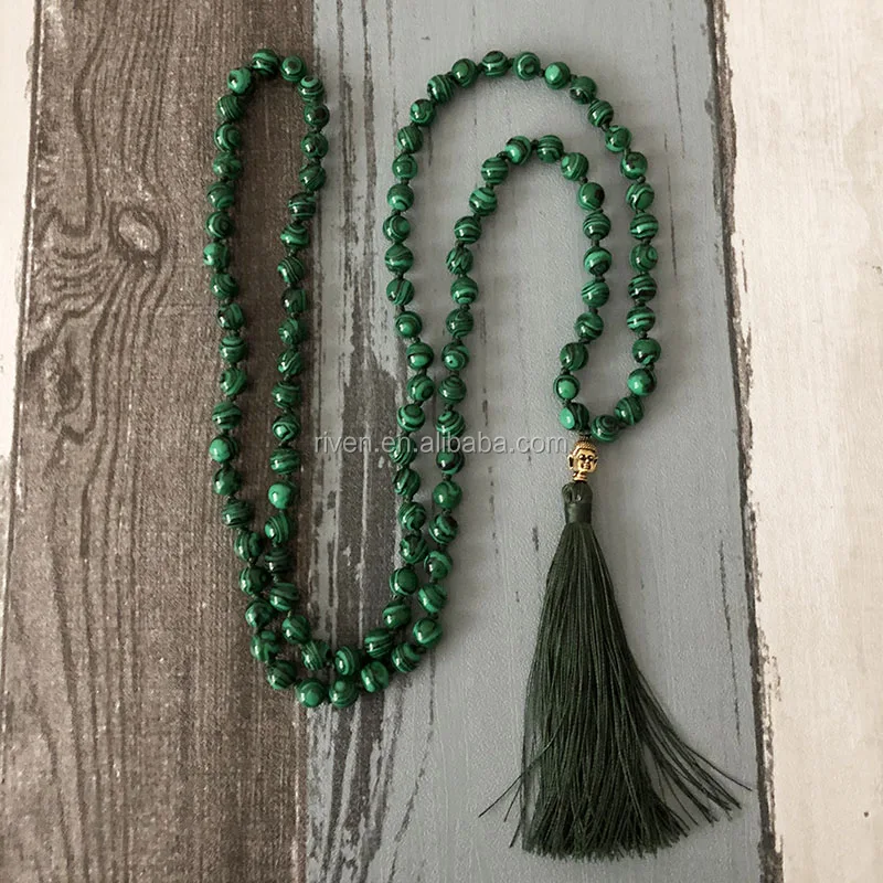ST0447 Green Malachite Mala 108 Beads Buddha Prayer Beads Meditation Tassel Mala Hand Knotted Necklace