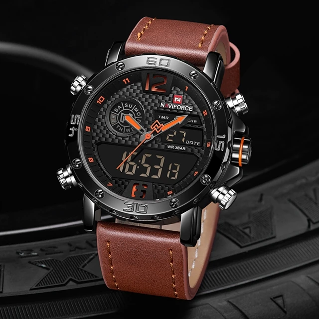 NAVIFORCE 9134 BOLBN Custom Log Quartz Analog LCD Digital Watch Men Wrist Double Display Luminous Waterproof Male Leather Reloj