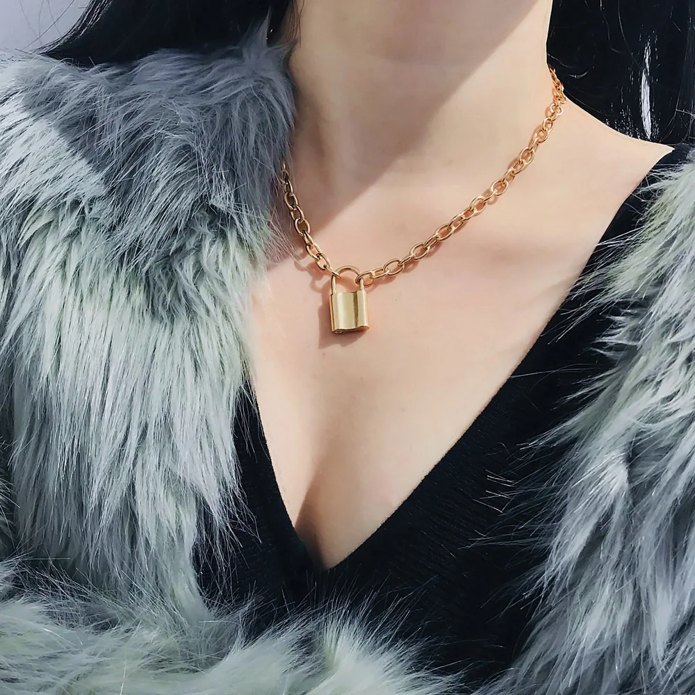 Punk Style Design Jewelry Gold Link Chain Necklace Pendant Padlock Necklace For Women