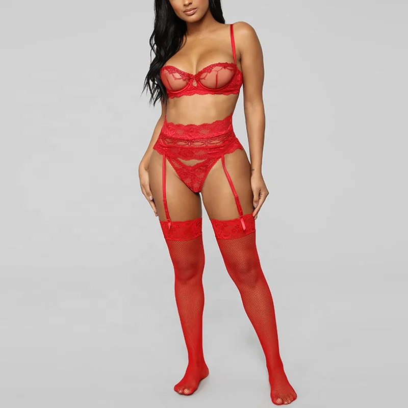 
New Arrive Hot Style Red Flower Lace Womens Sexy Lingerie Set 