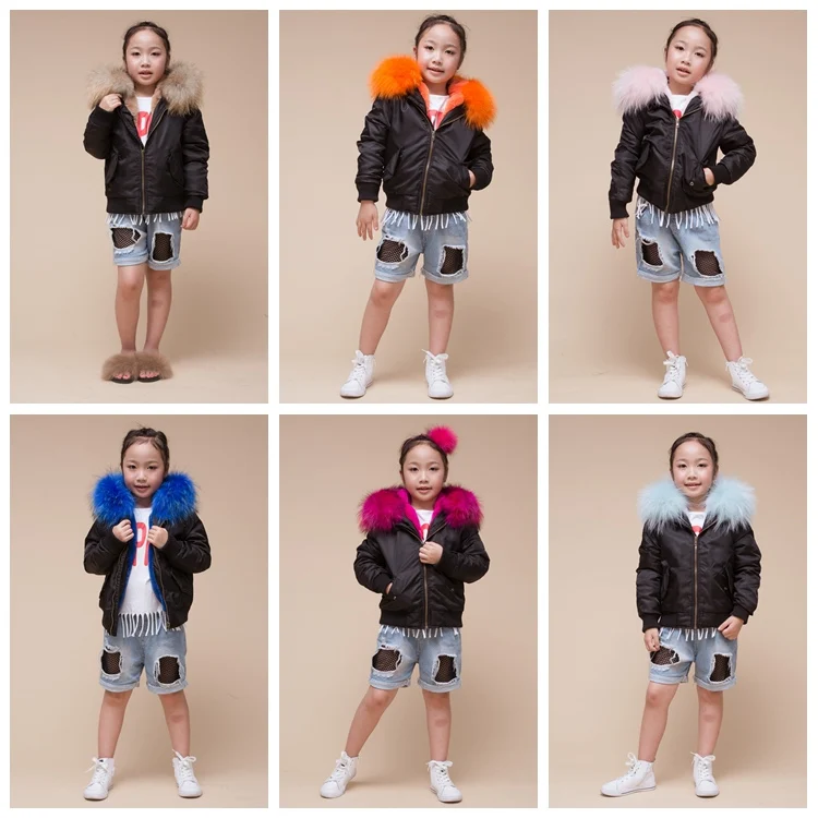
Janefur Winter Autumn Children Raccoon Fur Hooded Bomber Jacket 