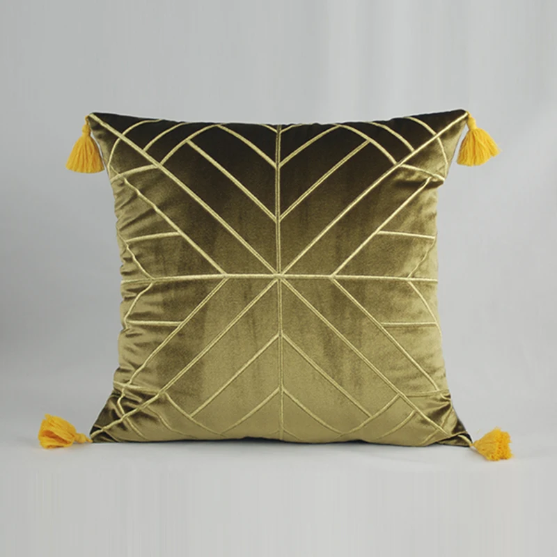 Large 60 x 60 Luxury Designer Geometric Gold Tassel Fringe Velvet Cushion Cover