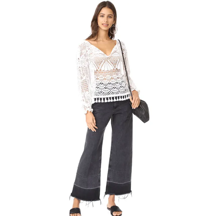 Stylish crocheted front polin back design long sleeve woman white lace net crochet blouse