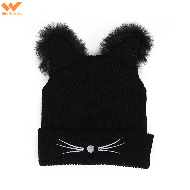 
Wefans AliExpress explosions fall and winter hot sale Harajuku style cat ears fur hat ladies embroidered knit hat winter 