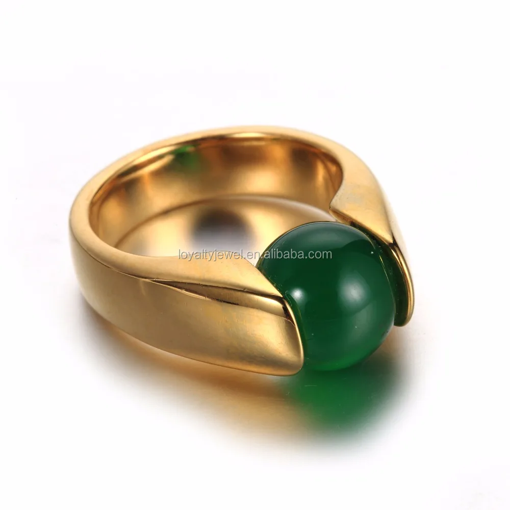 New Arrival stainless steel gold plated interchangable ball shape green and black stone rings