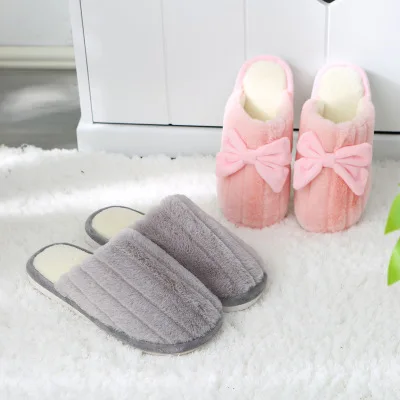 Winter new cute bowknot household  warm slippers men and women indoor couples cotton slippers