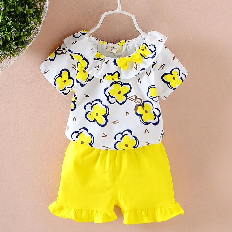 Fashion lovely comfortable flounces floral print short sleeve top ruffled shorts 2019 kids clothing children boutique clothes