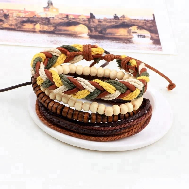 Wooden Beads Hemp Rope Leather Mixed Multilayer Bracelets Bangles,Adjustable Stretchable Leather Braid Bracelets