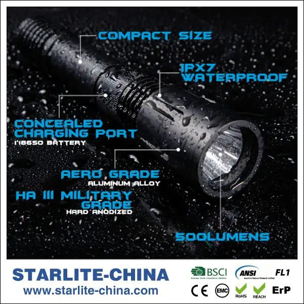 STARLITE rechargeable led torch personal self defense flashlight