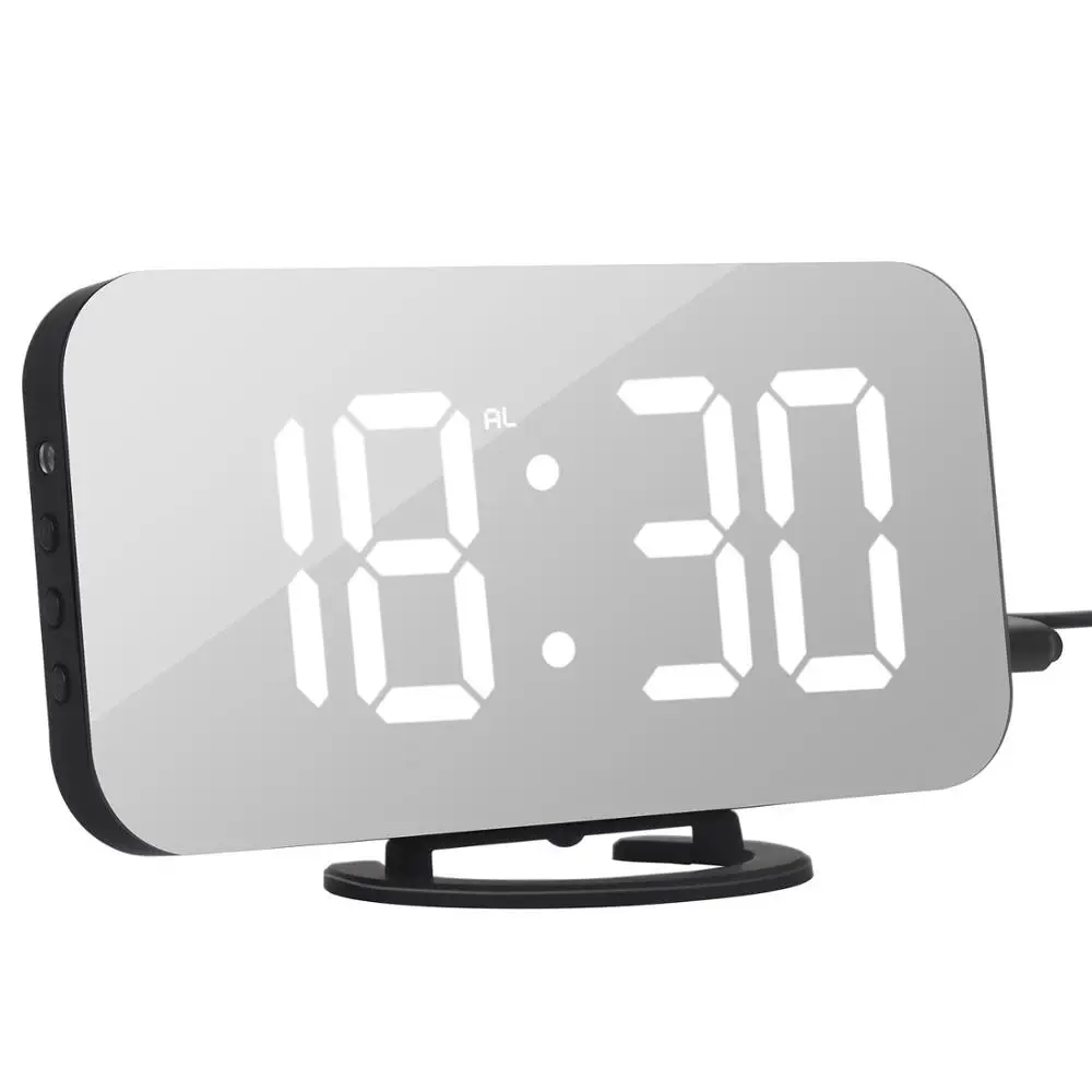 Smart LED Digit Light Large Mirror LCD Screen Digital Table Alarm Clock with Dual USB Charger -Wall hanging or free standing