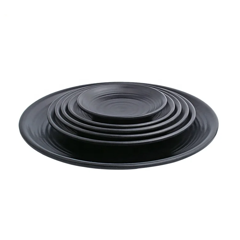 10 inch OEM japanese korean restaurant style matt black unbreakable plastic melamine round plate black color camp dish