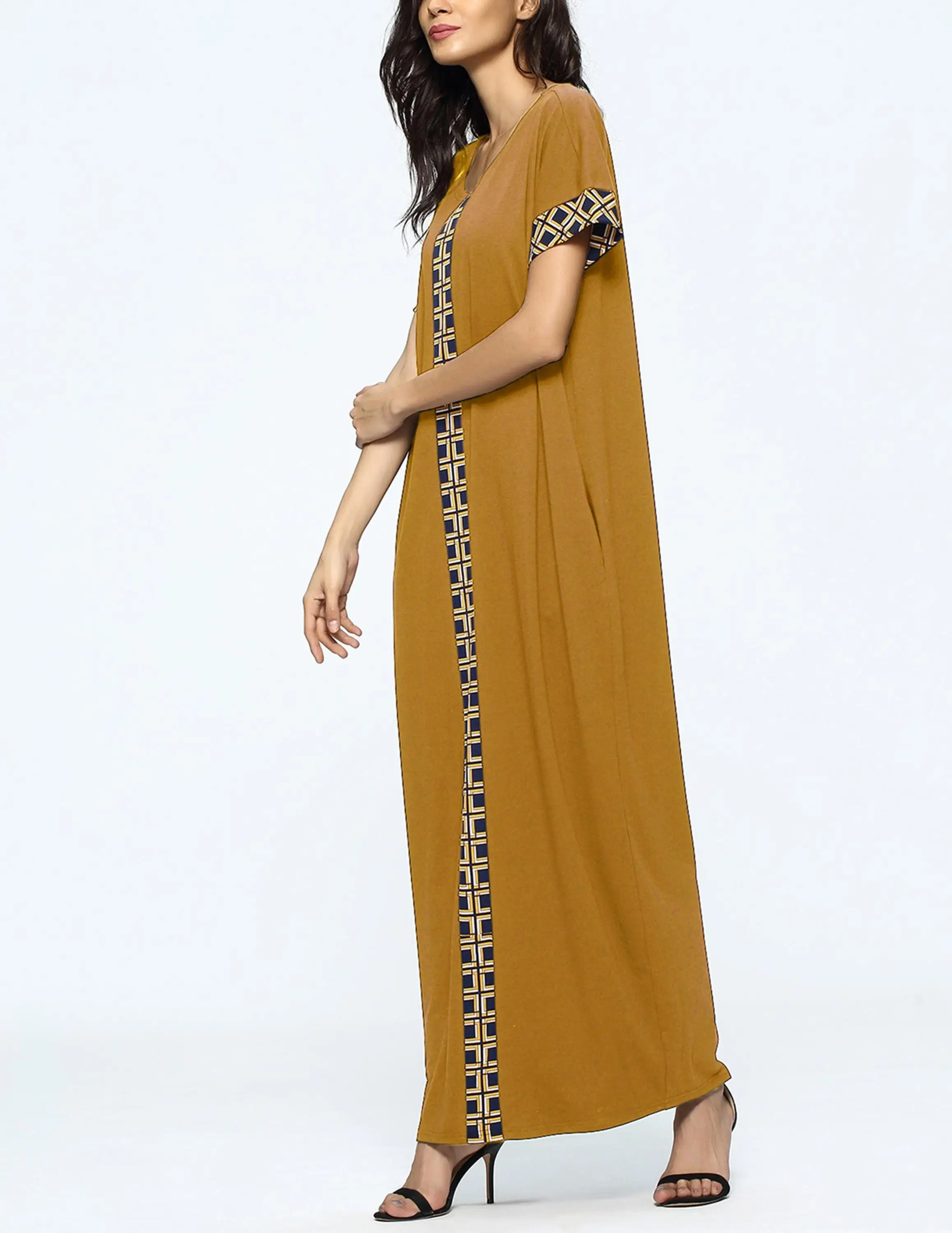 Pakistani Ladies Kurta Designs Indian Cotton Print Kaftan Long Dress Women O-neck Short Sleeve Straight Maxi Dress hsk2125