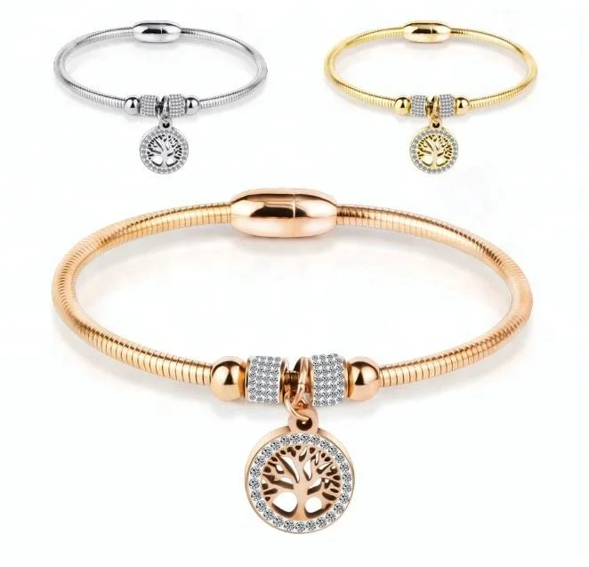 New Style Stainless Steel Bracelet With Crystal Tree Of Life For Women