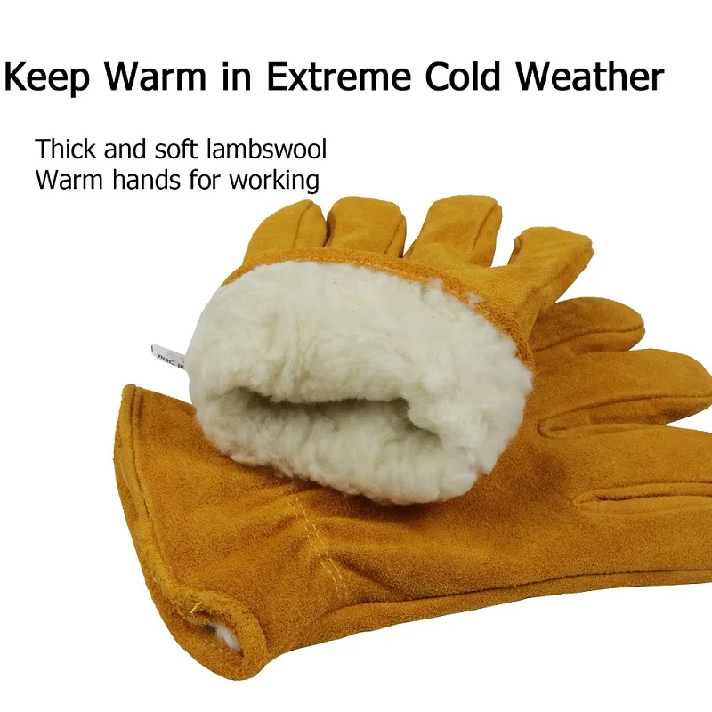 Yellow cow split leather mens winter work gloves warm