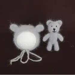 Angora Newborn photography Props Set Handknitted Teddy Bear Bonnet Stuffer Animal Toy Baby Fluffy Set Photo Props