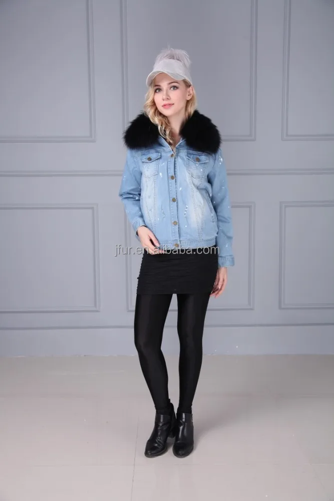 Ladies Fur Lining Jacket for Winter Warm Jeans Parka Coats With Fur Hoods Collars