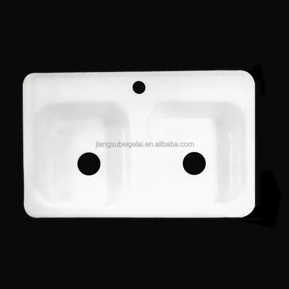 Deep single hole enamelled cast iron kitchen sink with two bowls
