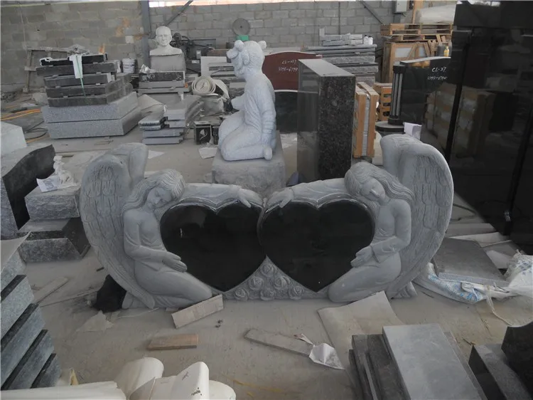 Black Granite Engraving Upright White Angel Wings Headstones Cemetery with Heart