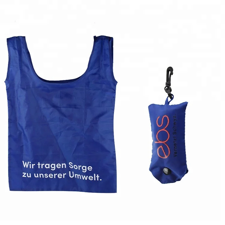 Customized attached pouch reusable blue small pocket tote foldable polyester shopping bag