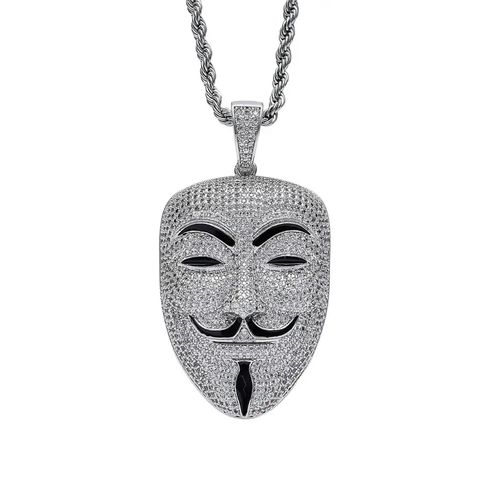 American Movie V For Vendetta Character Head Zircon Diamond Pendant Necklace Mens Iced Out Pendant Gold Hiphop Jewelry