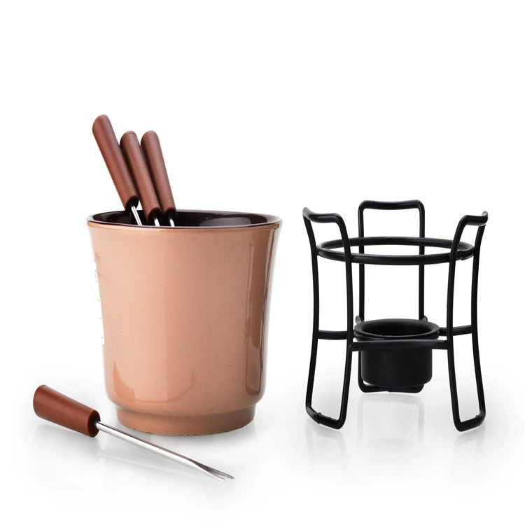 Unique Products Mini Ceramic Fondue Set Seramic Bowl With Stainless Steel Stand and Candle Cup and 4pcs Forksand Metal Tray