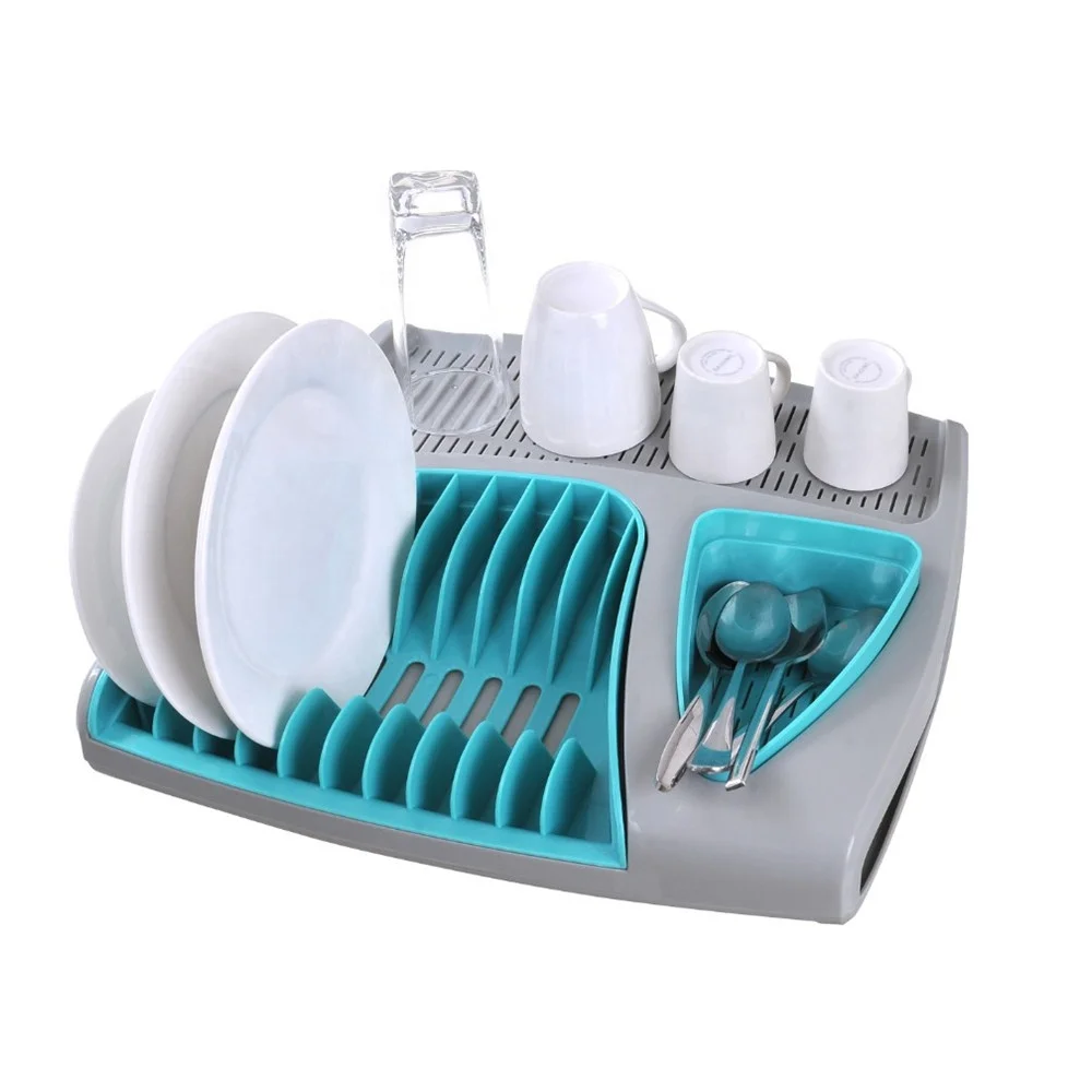 Sky Blue Plastic Dish Drainer - Plate Drying Rack with Cutlery Holder