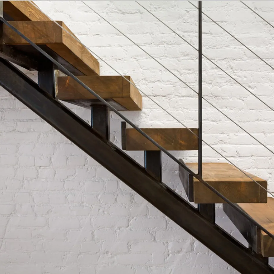 Modern wooden staircase steel-wood straight stairs with wire rope for home
