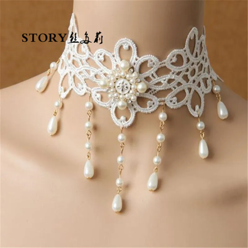 2018 Japan Fashion Pearl Beaded Handmade Sexy White Lace Wide Necklace Collar Neck Choker