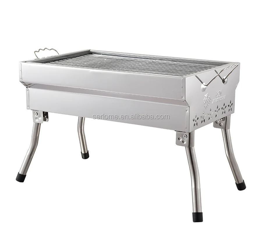 Square Classic Foldable Picnic Travel Garden Party Silver White Stainless Steel Rotisserie Large Charcoal Kebab BBQ Grill