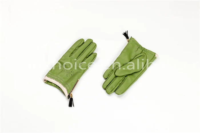 girl spring green short gloves hollow out back hand leather gloves with wonderful cambered cuff