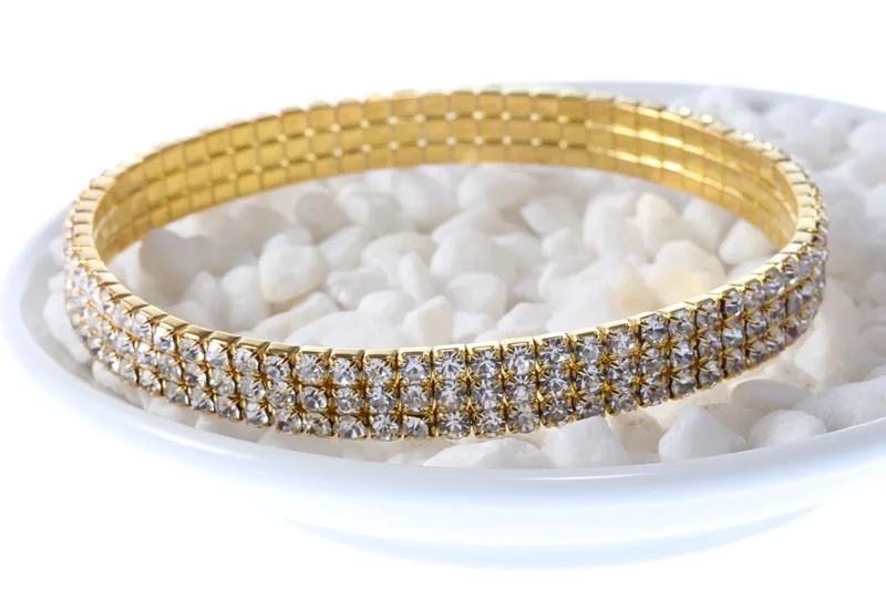 
Gold and Silver Anklets Three Row Crystal Rhinestone Stretch Anklet G0035 