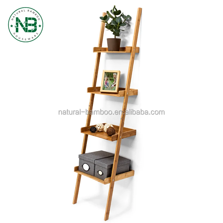Bamboo Ladder Bookshelf 4 Shelves Wall Bookcase Wooden Storage Shelf