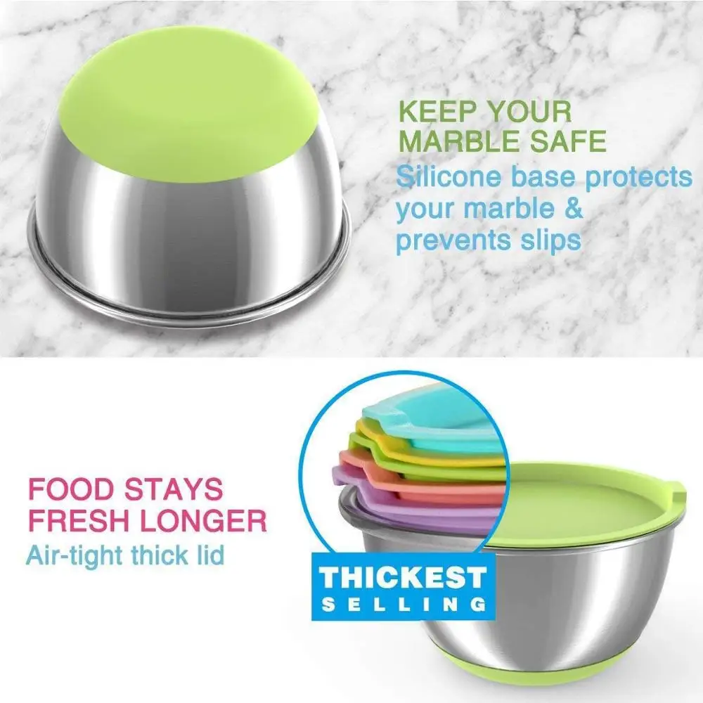 
5 Piece Stainless Steel Mixing snack mixing bowl set with Colorful Lids 