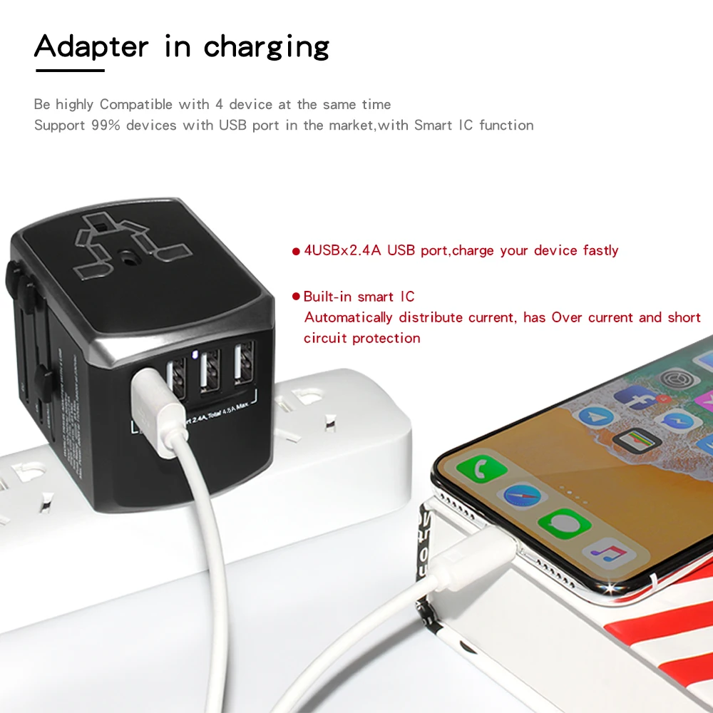 International travel adapter and 4USB port 3400mA world fast charger socket