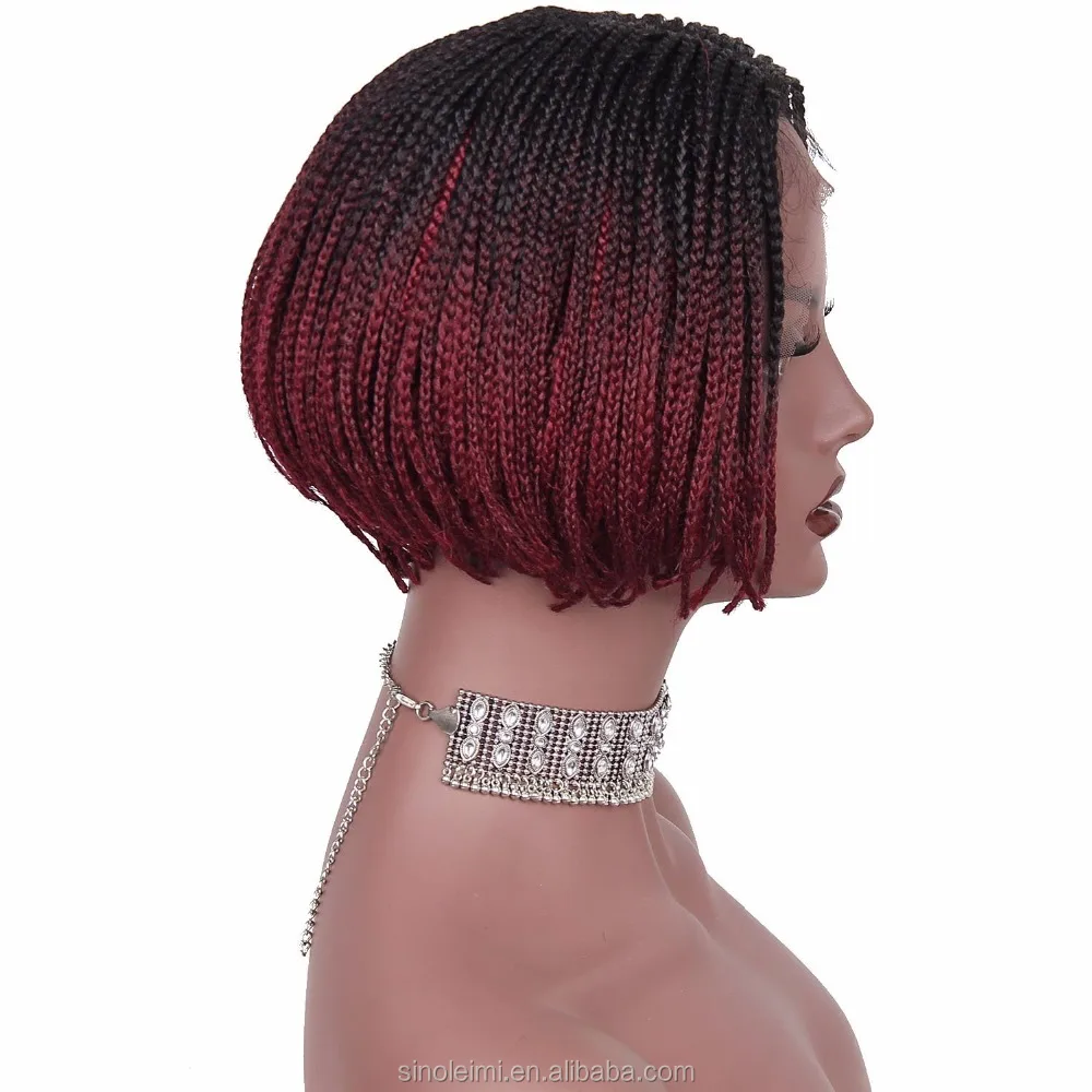 Short Synthetic Lace Front Braided Wigs for Black Women Dark Roots Burgundy Ombre wig