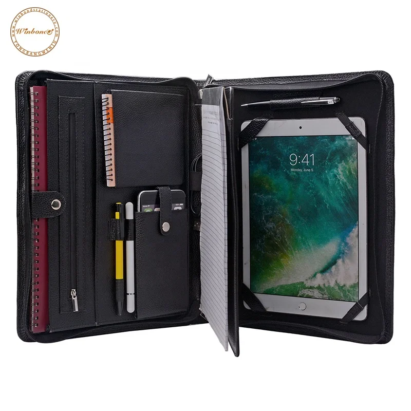 New Design Zip Genuine Leather A4 Refilll Pad Pu Leather A4 Document Portfolios Pad Refill Pocket Folder Folio