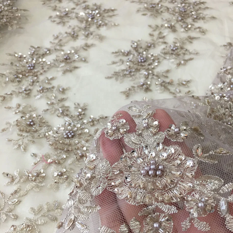 latest allover hand beaded sequin lace fabric metallic embroidery designs for dress, high quality beaded lace fabric embroidery