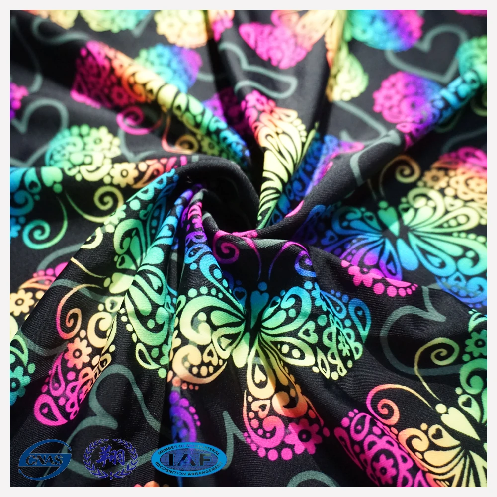 
UPF 50 nylon spandex screen print fabric high-elastic colorful butterfly warp knitting suit for swimwear fabric 
