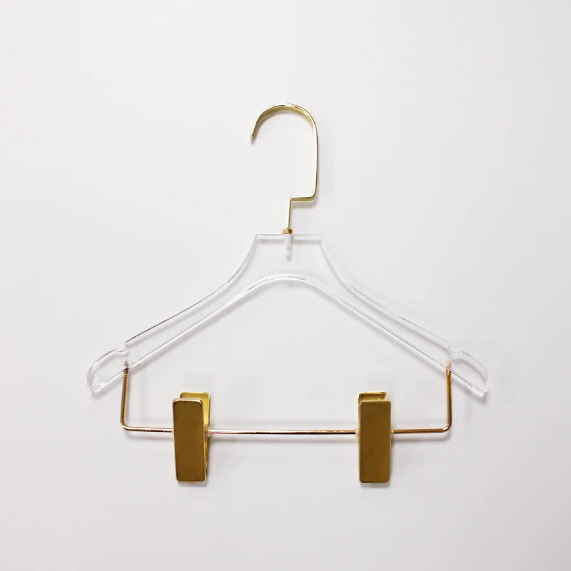 Wholesale clear acrylic coat pants hangers with 2 golden clips custom size logo printing
